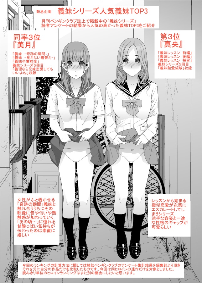 義妹シリーズ7冊目のあとがきコラム。
前の6冊からの義妹ランキング。
このあと6冊分あるけど集計は…したくない…。
ただ雑誌アンケートで計算していたので、この頃から瀬奈先生やCuvie先生、西川先生など桃姫勢が参戦して一気に年上ブームがきてアンケートも少し風向きが変わっていった…。