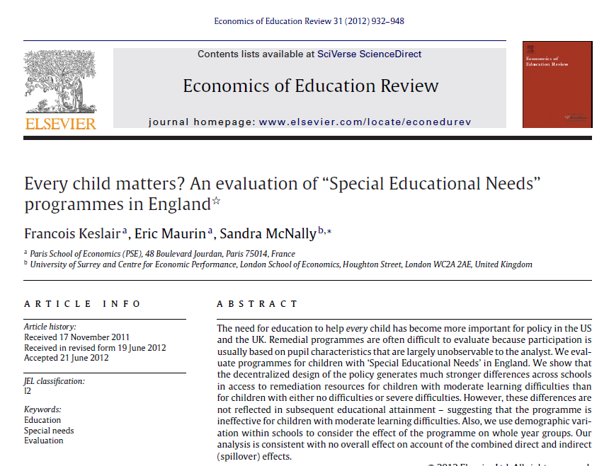 sanz_ismael's tweet photo. La evaluación de programas de 'necesidades educativas especiales' en Inglaterra. Una forma clave en la que la educación pretende ayudar a los niños con dificultades de aprendizaje no está funcionando. @Sandra_McNally https://t.co/KlC6dNUhkJ https://t.co/GrKRcpkuJU
