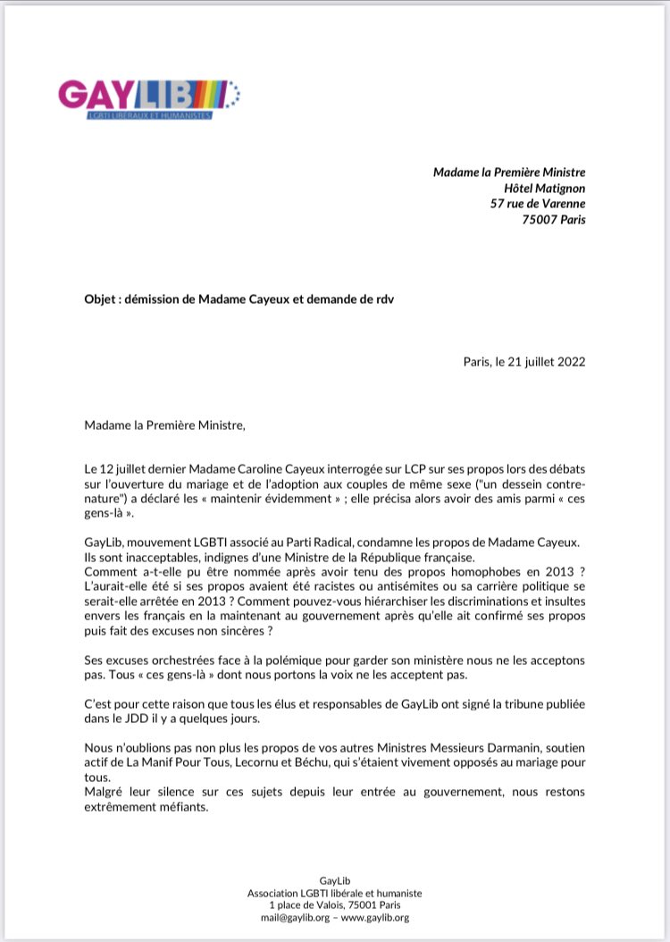 GayLib's tweet photo. Lettre ouverte à @Elisabeth_Borne : #GayLib demande #Cayeuxdemission #CesGensLa https://t.co/WUvclh8KDg