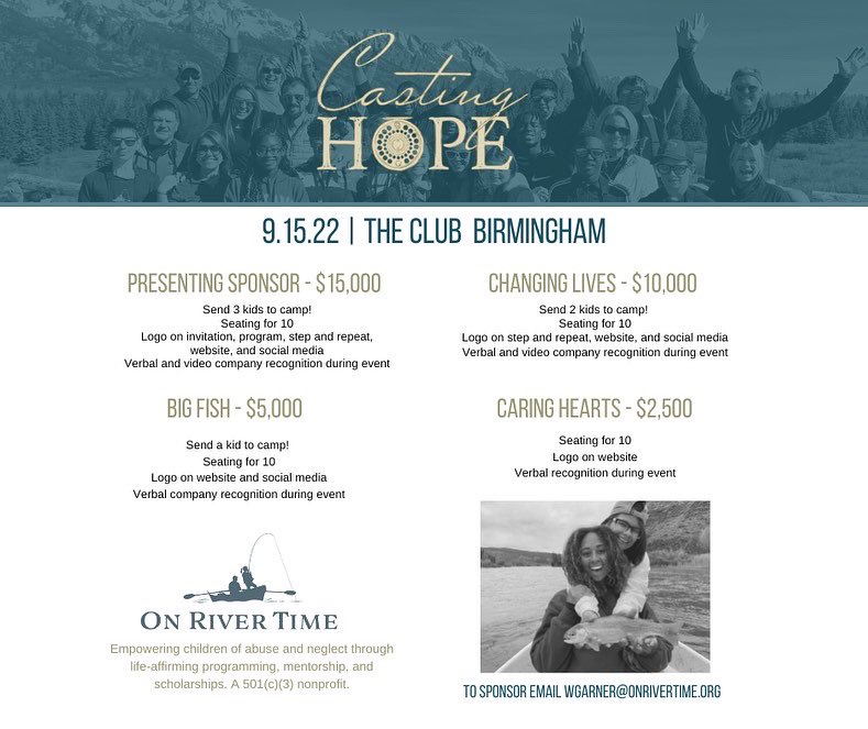 OnRiverTime's tweet photo. 🗓 Mark your calendar for 
September 15!
🎂Don’t miss the 10 Year Celebration of On River Time! 🎣
with keynote speaker, Brodie Croyle of @bigoakranch! 
📧 Email or DM to be a sponsor. 
💙 Help make a difference in the lives of children of abuse and neglect. 🧸
#onrivertime https://t.co/0Wt7JqVZd6