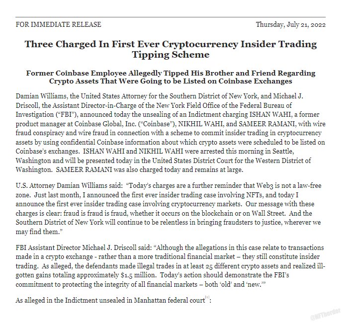 thatNFTpunk's tweet photo. ⚠️ Today 3 former #Coinbase employees were charged by the DOJ for multiple counts of wire fraud amounting to gains of $1.5 mil via insider trading on #cryptocurrency 

Massive win for a better #web3 future. https://t.co/XRBViRexhz