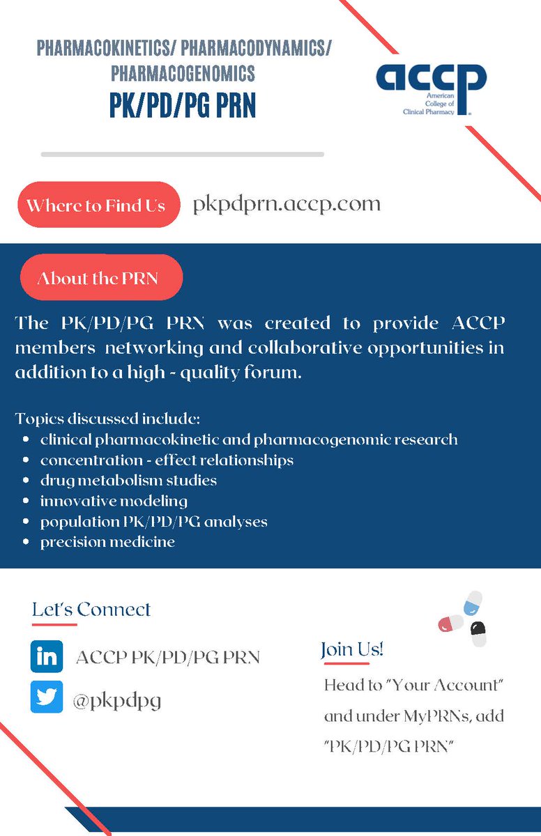 THE PK/PD/PG PRN is an active group of clinical pharmacists and pharmacist-scientists with interests in precision medicine. We invite pharmacists with similar interests to join our network. We have exciting events planned for the coming year! #pharmacist #precisionmedicine