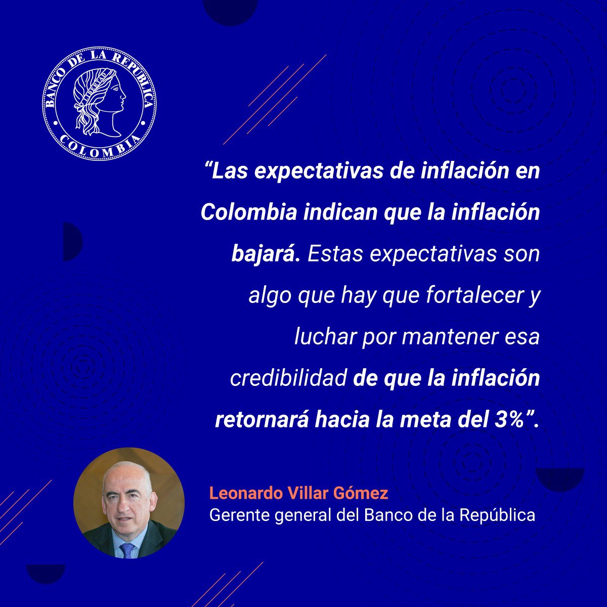 BancoRepublica's tweet photo. El gerente general del @BancoRepublica #LeonardoVillar explicó que los precios de la economía 🇨🇴 no bajarán de un mes a otro y que se “espera que ese impacto en la inflación se vea entre 9 meses y 2 años”. #FinancialTalks @SkandiaCol https://t.co/5QksUQ5IpI