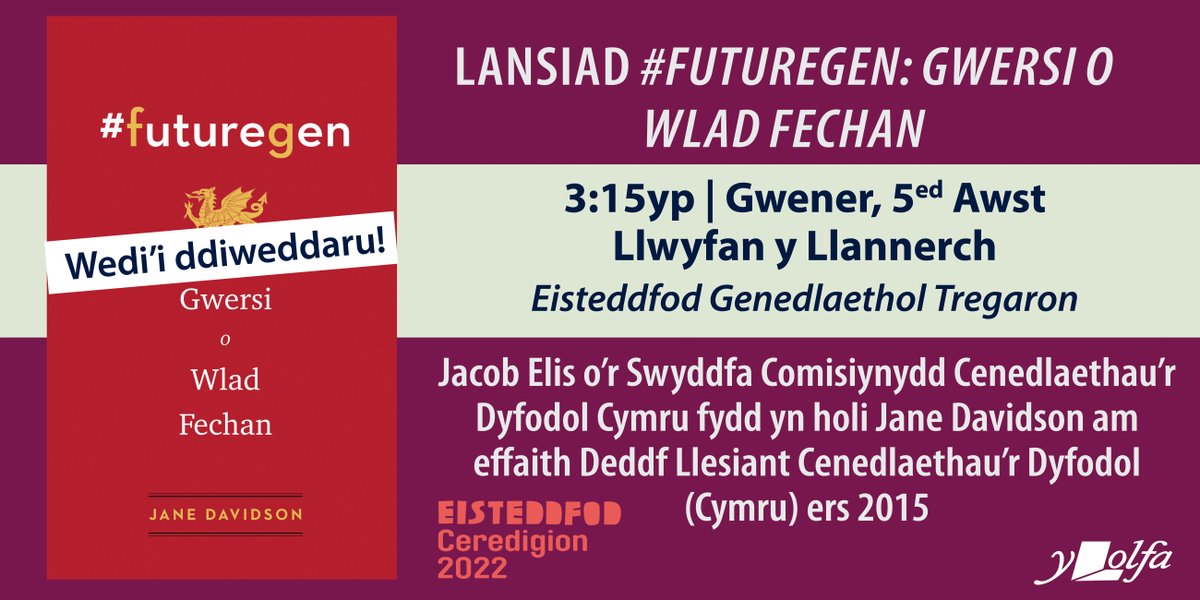 YLolfa's tweet image. Lansiad #Futuregen: Gwersi o Wlad Fechan

Jacob Ellis fydd yn holi Jane Davidson am effaith Deddf Llesiant Cenedlaethau'r Dyfodol Cymru ers 2015.

Bydd y lansiad yn digwydd ar Lwyfan y Llannerch yn yr Eisteddfod Genedlaethol am 3:15yp, ddydd Gwener y 5ed o Awst.

@LlyfrauCymru