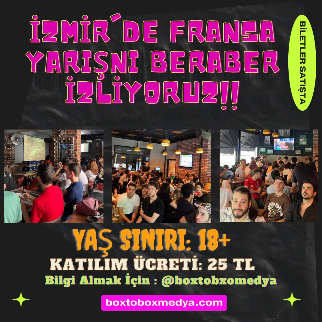 Boxtoboxmedya's tweet photo. Bu hafta sonu yapılacak Fransa yarışını İzmir-Alsancak’ta, İstanbul-Kadıköy’de sizlerle beraber izleyeceğiz.
İzmir etkinliği için (İnstagram) boxtoboxmedya ile
İstanbul etkinliğimiz için ise (İnstagram) formulayorum sayfası ile iletişime geçebilirsiniz. https://t.co/GgvFbUeaDy