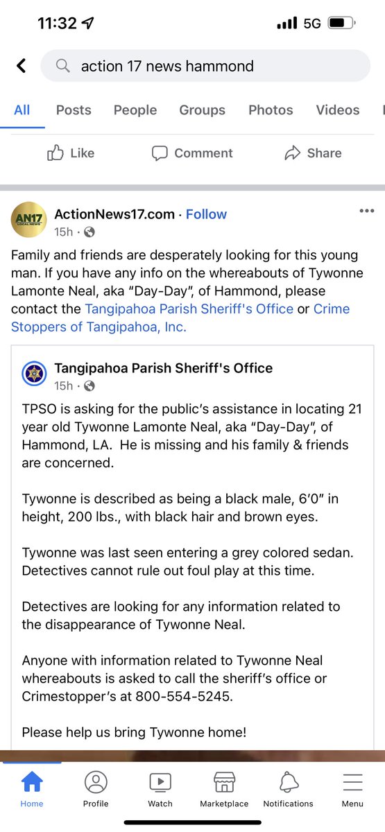 21, Tywonne “DayDay” Neal of Hammond, La is missing! Tywonne was last seen on July 16, 2022, around 10:30pm, leaving his home with an unidentified female whom was driving a dark grey sedan. We are begging for everyone’s assistance. Please help us bring him home. #FindTywonneNeal