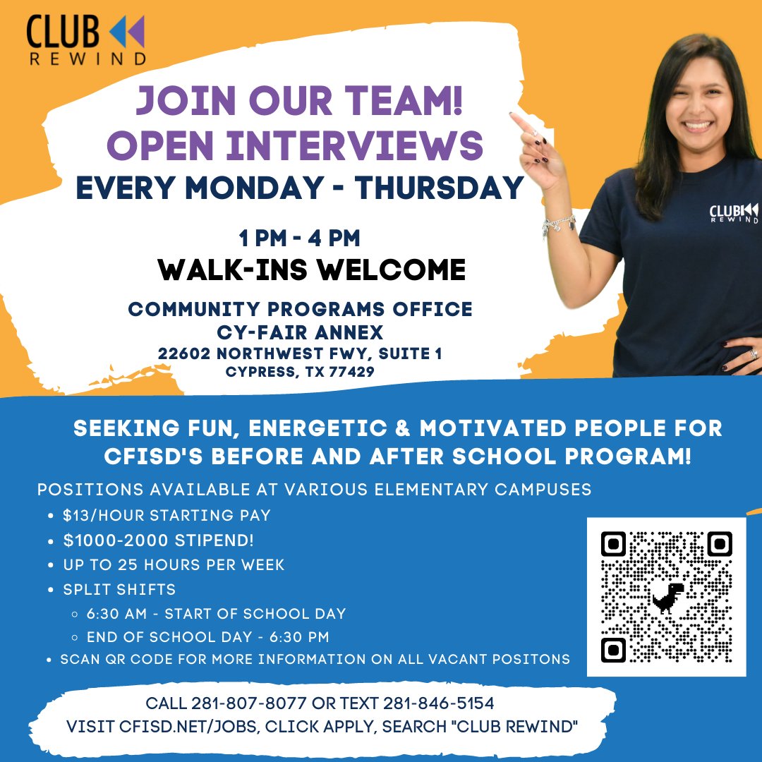 Join the Club Rewind team! We are now hiring for the 2022-2023 school year! Earn $13/hour plus a $1000-$2000 stipend! Learn more and apply at cfisd.net/Page/1901.