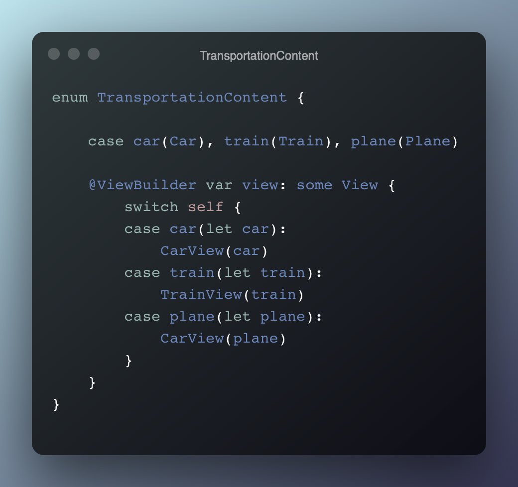 _eighty_six_'s tweet photo. @Cocoanetics @FloWritesCode I don’t think it would be possible without resorting to AnyView. I usually pass the data model as the case parameter and keep the view builder inside the enum. Unfortunately it requires writing a bit more code. https://t.co/pyZzOgHpAL