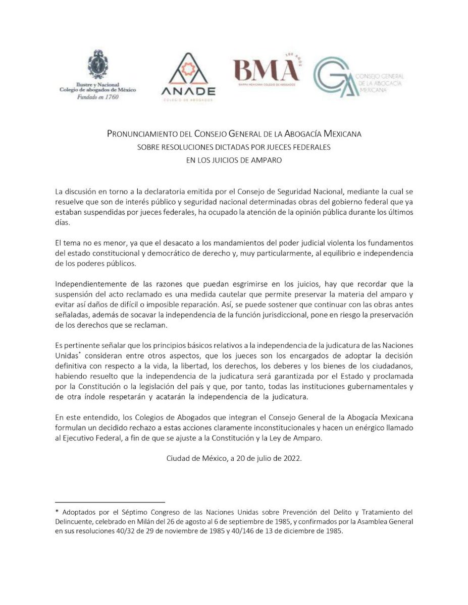 ConsAbogaciaMEX's tweet photo. Pronunciamiento del Consejo General de la Abogacía Mexicana sobre la exigencia al respeto de la autonomía judicial. https://t.co/q33kC3n7L7