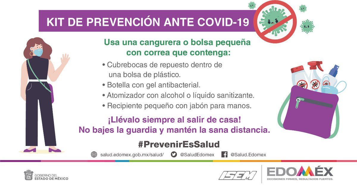 SaludEdomex's tweet photo. La pandemia continúa, prevenir el contagio de #Covid_19mx es responsabilidad de todos. Te sugerimos siempre llevar contigo:
😷 Cubrebocas extra
🧴 Gel antibacterial y jabón líquido para manos
✅Atomizador con alcohol o líquido sanitizante
#PrevenirEsSalud https://t.co/ZmlfIjJiov