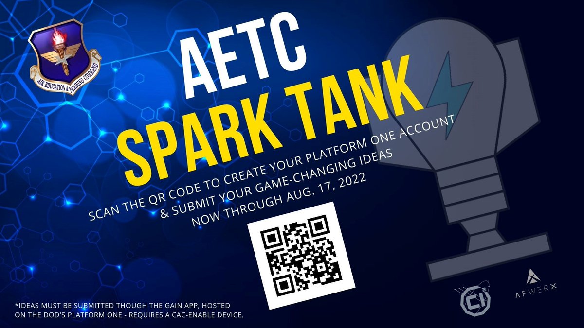 AETCommand's tweet image. 🚨Calling innovators, Airmen &amp;amp; Guardians!🚨 #TheFirstCommand is accepting innovative submissions that can significantly impact @usairforce missions within the next six-24 months from uniformed &amp;amp; civilian Airmen for the 2023 Air Force Spark Tank competition, now through August 17.