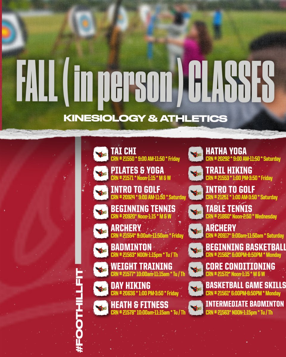 Apply &amp; register for Fall classes now. 💪🏋️‍♀️🏀🏋️‍♀️🏹⛳️🏌️‍♀️🏌️‍♂️🧘🎾🏸
foothill.edu/reg/