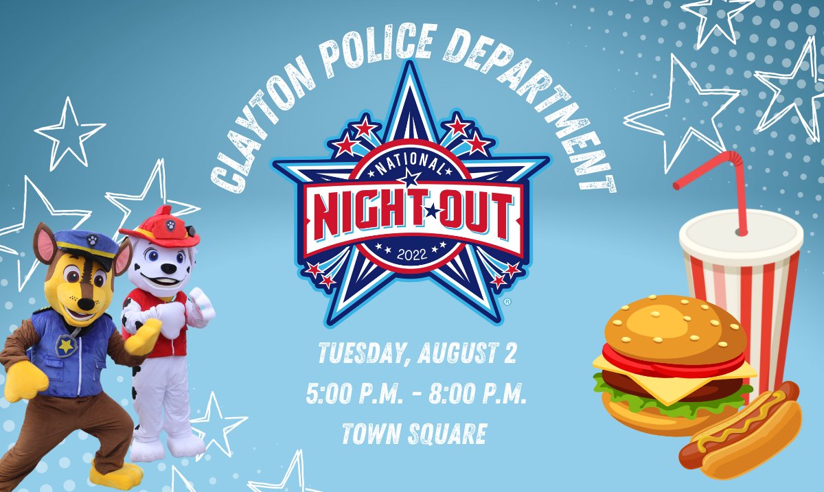 Join Clayton Police Department in Town Square on Tuesday, August 2, from 5:00 - 8:00 pm for a night out filled with FREE food, games, and fun for the whole family. 

facebook.com/events/1015952…