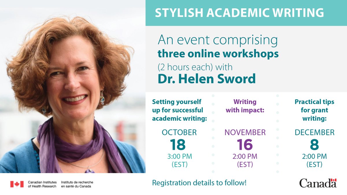 Academic writing. Free &amp; awesome. I am delighted to share that Dr Helen Sword will run a 3-part series for Canadian academic writers. Rego details will follow but I couldn't wait to get this news to you. Pls retweet/tag your colleagues who write. #GameChanger