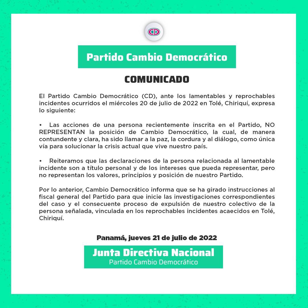Comunicado del Partido Cambio Democrático