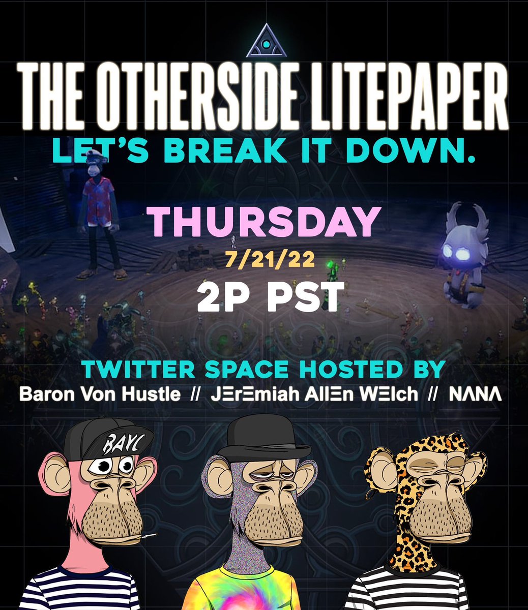 I'm excited to join <a href="/TheeHustleHouse/">BaronVonHustle 🍌</a>, and <a href="/seannana/">NANA</a> today to break down the <a href="/OthersideMeta/">Othersidemeta</a> Litepaper! 

Please share this tweet and come hangout with us today at 2pm pst on Twitter Spaces!
x.com/i/spaces/1ZkKz…