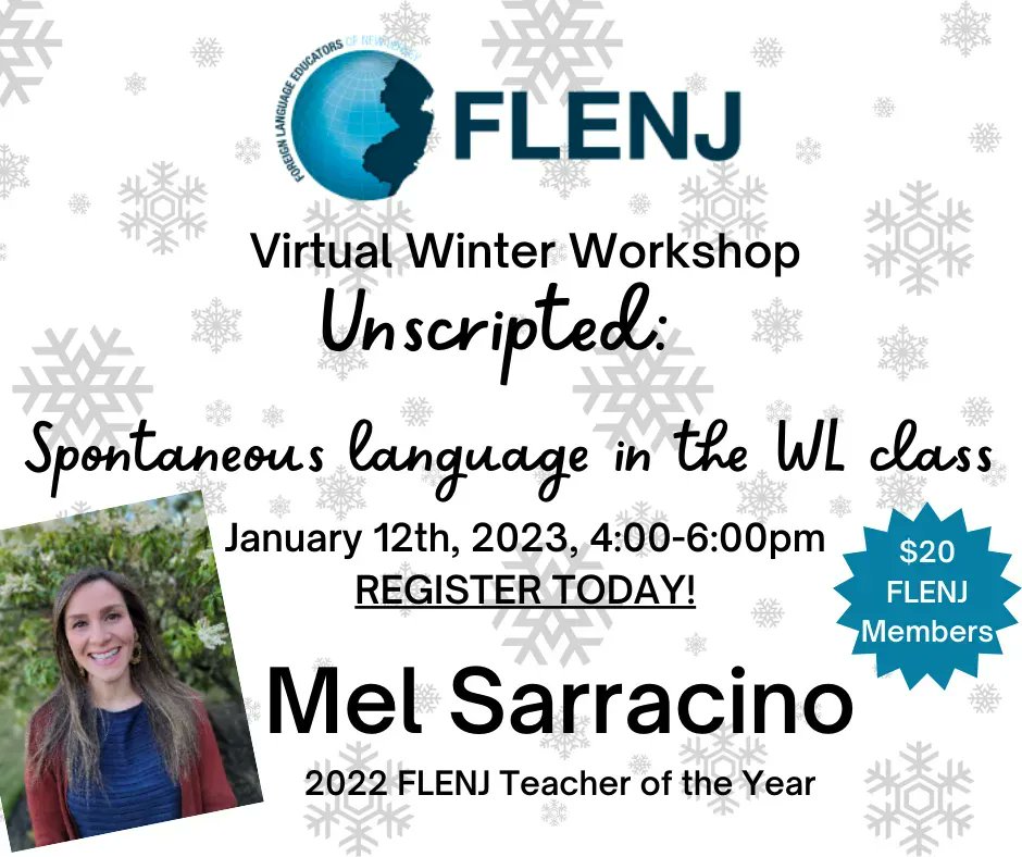 Registration is open for Virtual Workshop #️⃣3️⃣!  Join FLENJ TOY Melissa Sarracino <a href="/profesarracino/">Melissa Sarracino</a> to discuss various ways to support successful and unrehearsed target language conversation in the World Language classroom. #flenj #njed 
@flenj
 buff.ly/3llAFQc