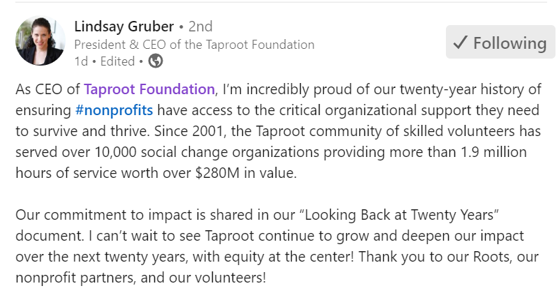 taprootfound's tweet photo. Looking Back at Twenty Years of Impact! @LindsayGruber https://t.co/JjQaG8Qyze
A Look Back At 20 Years - Taproot Foundation
Take a look back at 20 years of Taproot Foundation’s commitment to connecting skilled volunteers with nonprofits that lift up our communities. https://t.co/m6kxWmtZGx