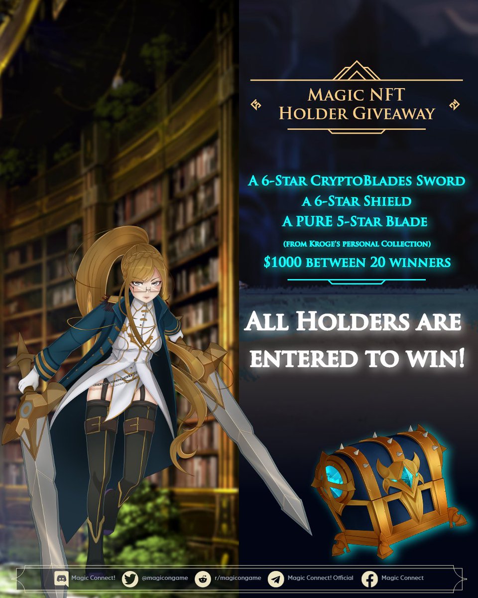 MagiConGame's tweet photo. 🔮#MagicConnect NFT Holder Raffle🔮

📆On Friday, July 22nd, at 8:30 AM (ET), Kroge will be LIVE on all platforms for the MagicConnect NFT holder raffle! 

Prizes Include:
6⭐#CryptoBlades Sword
6⭐Shield
5⭐PURE Weapon
$1000 BNB💰

⏰Set your alarms, and we'll see you there! https://t.co/KWiUDJhuN5