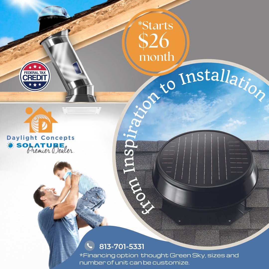 daylightconcept's tweet photo. Great ways to Brighten &amp; Refreshing your home with Solatube Tubular Skylight and our Solar Power Attic Fan. Bundle a "Tube and a Fan" and get the most out of your Home Improvements!
#greenenergy #safeenergy #solar #skylight #naturallight #atticfan #solatube #daylight https://t.co/BYt8aQdo8t