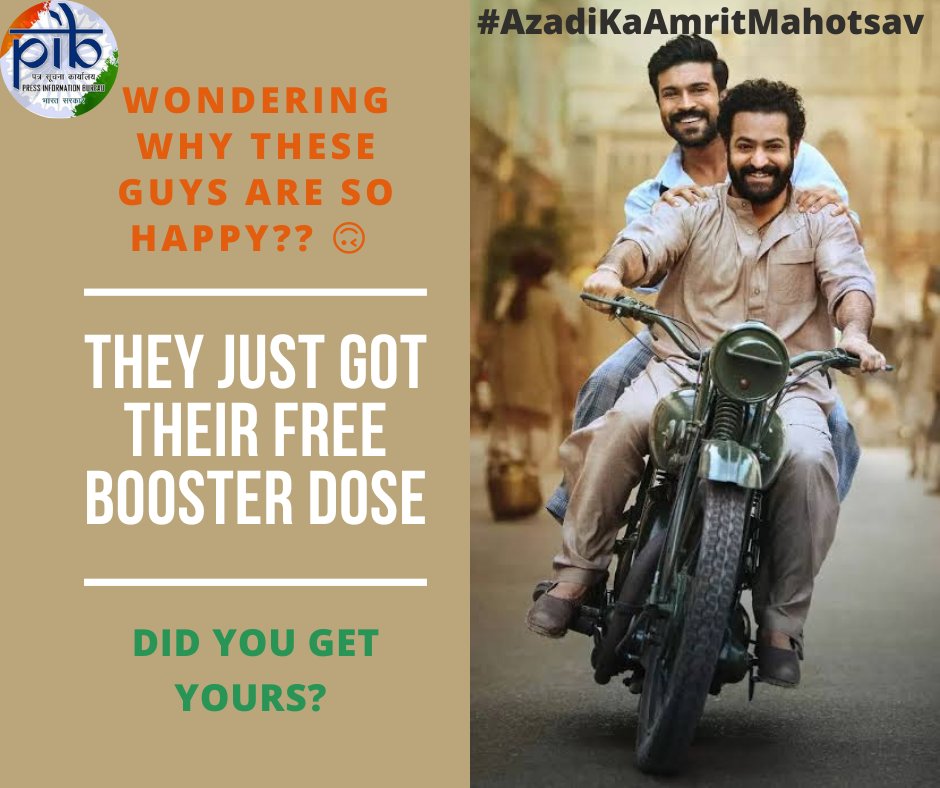PIBChandigarh's tweet photo. As part of the #AzadiKaAmritMahotsav celebrations, get your #FreeBoosterDose now and #BeHappy like @AlwaysRamCharan and #JuniorNTR @tarak9999
@MoHFW_INDIA
#RRRMovie #RRRinJapan @ssrajamouli https://t.co/xHh14NwcGt