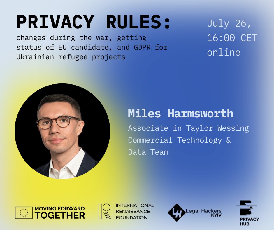 Miles Harmsworth — Associate in Taylor Wessing Commercial Technology &amp; Data Team. 

At the event, Miles will tell about the enforcement of UK data protection rules 😎

Register on our website 👉 myprivacy.org.ua/privacy-rules

#privacyrules #event