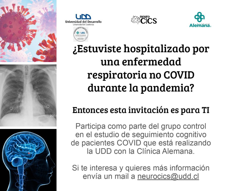 ¿Fuiste hospitalizado durante la pandemia por una enfermedad respiratoria NO-COVID? 😷

¡Participa en nuestro estudio! Accederás una resonancia magnética y electroencefalograma con informes médicos correspondientes, además de una compensación💸 

➕info: dccs.udd.cl/2022/07/21/con…