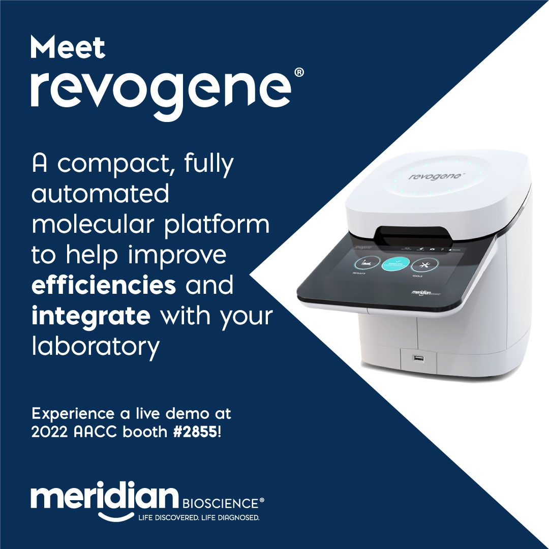 Meridian_Bio's tweet photo. Meet our products at #2022AACC next week! Experience live product demos at our booth #2855. Solutions engineered to make diagnostics powerfully simple.
#Revogene #BreathID #Curian https://t.co/rgRcpWio1c