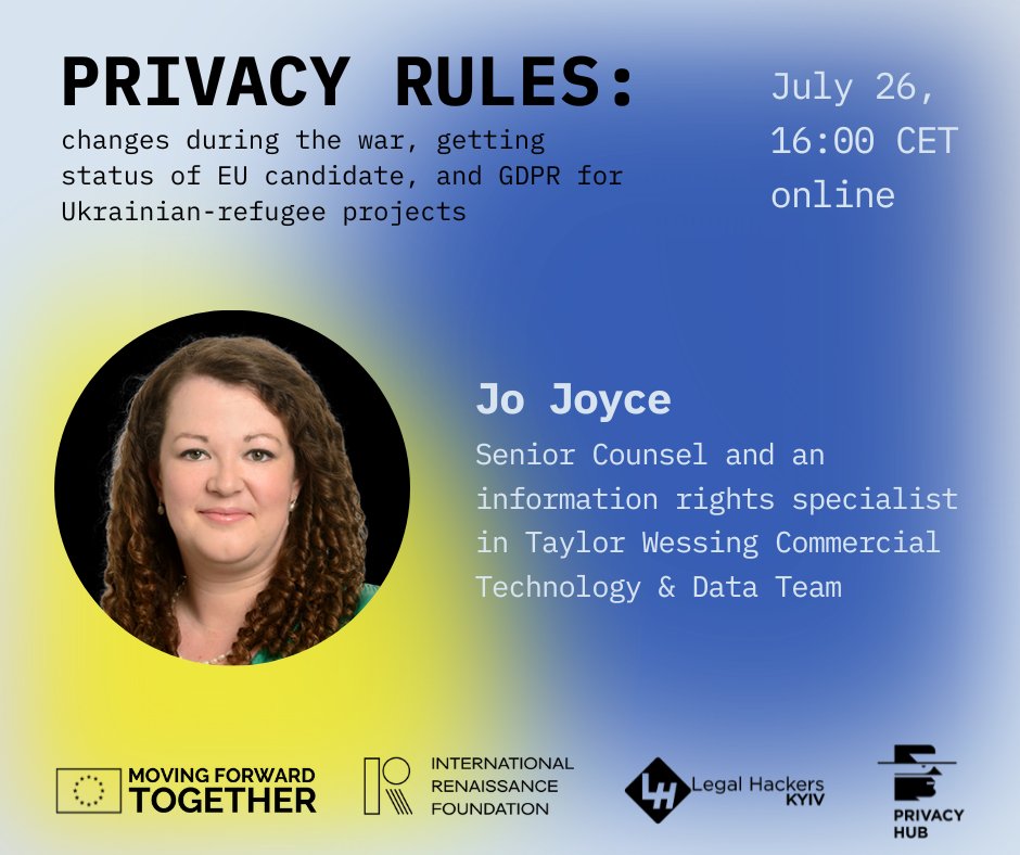 Jo Joyce — Senior Counsel and an information rights specialist in Taylor Wessing Commercial Technology &amp; Data Team. 

At the event, Jo will tell about a basic outline of UK data protection 😎

Register on our website 👉 myprivacy.org.ua/privacy-rules

#privacyrules #event