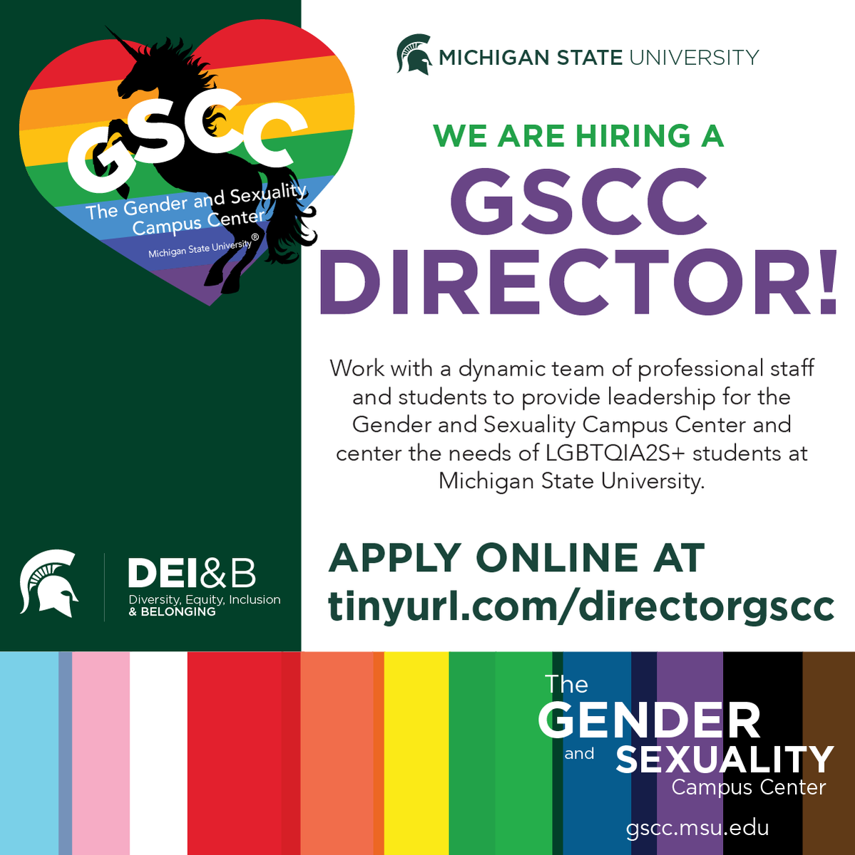 MSUGSCC's tweet photo. The GSCC is Hiring a Director! Work with a dynamic team of professional staff and students to provide leadership for the Gender and Sexuality Campus Center to center the needs of  LGBTQIA2S+ students at MSU.
Read the complete job description and apply at https://t.co/OhawTY0hPq https://t.co/gawkTT8itA