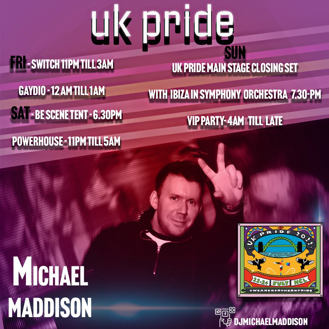 DJMMaddison's tweet photo. Let’s go 🎧 This is where I’ll be DJing over the Uk Pride weekend🏳️‍🌈🏳️‍⚧️ 

Fri- @Switchbarnewc 11pm -3am @gaydio midnight till 1am 
Sat- Be Scene tent ⛺️ 6.30pm

@powerhouse.club  11pm -5am

Sunday - Main Stage closing set with Ibiza in symphony orchestra set 7.30pm

Have a good one https://t.co/iJU1NgskDw