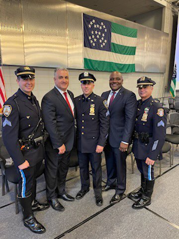 sbanypd's tweet photo. SBA Pres. Vincent Vallelong & VP Edmund Small congratulate Sgt. James Gatto, 67 Sqd, on today's promotion to SDS. He’s the son of Sgt. James Gatto, SBA Director for SI & Highway, & brother of Dominick, Highway 5. Hard-earned & well-deserved. #nypddetectives #nypdhighwaypatrol https://t.co/HOm9cFmrkb
