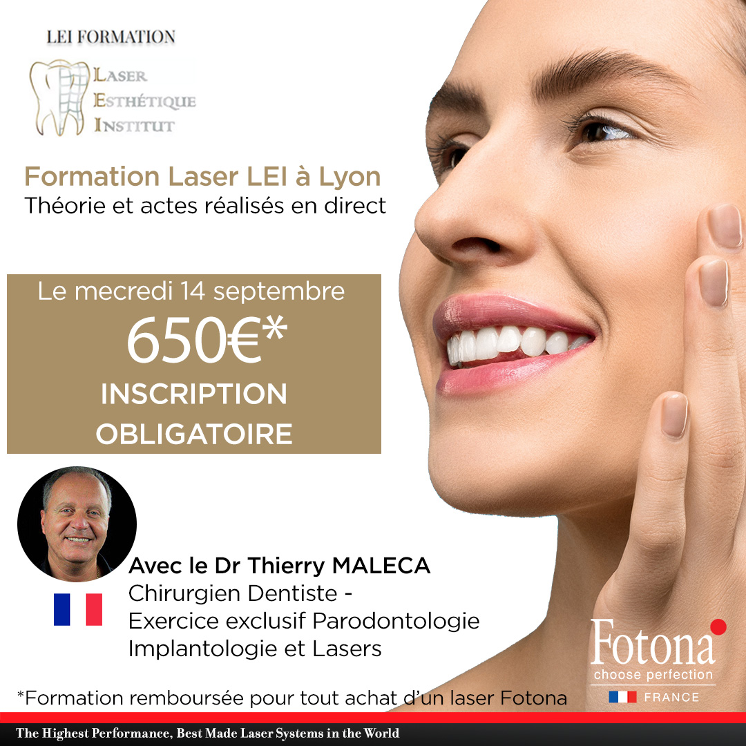 FotonaFrance's tweet photo. [ Formation Laser LEI avec le docteur Thierry MALECA ]
Formation laser LEI avec le Dr MALECA:
650€, inscrivez vous dès maintenant!  La formation sera remboursée par Fotona France pour tout achat d’un laser Fotona. RDV le 14 septembre!  #Lyon #Fotona #Laser #Dental #Dentistry https://t.co/VsXXy6t88V