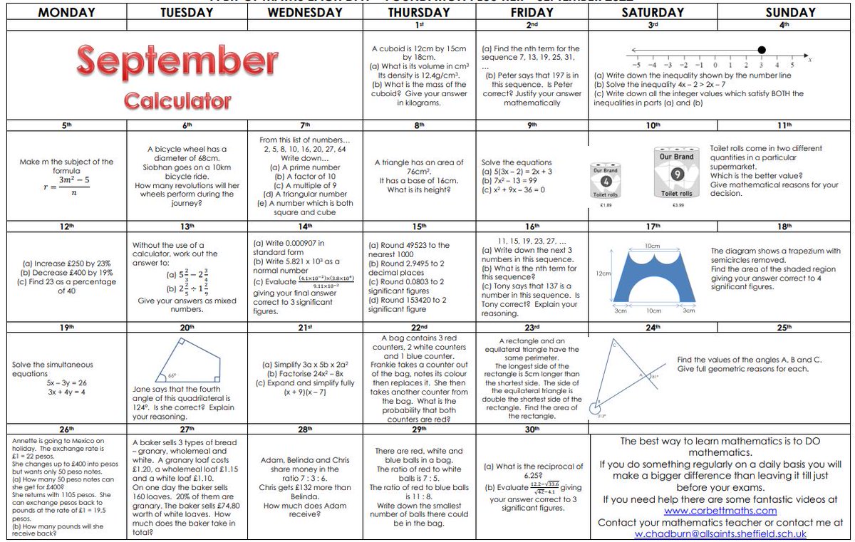 mrchadburn's tweet image. I&apos;ve gotten ahead of myself and posted my &quot;Little Bit of Maths Each Day&quot; calendars up to December for the forthcoming academic year. Perfect for Y11 #GCSEmaths regular revision. Download them FREE along with full solutions from waynechadburn.wordpress.com/teaching/a-lit…
#mathematics