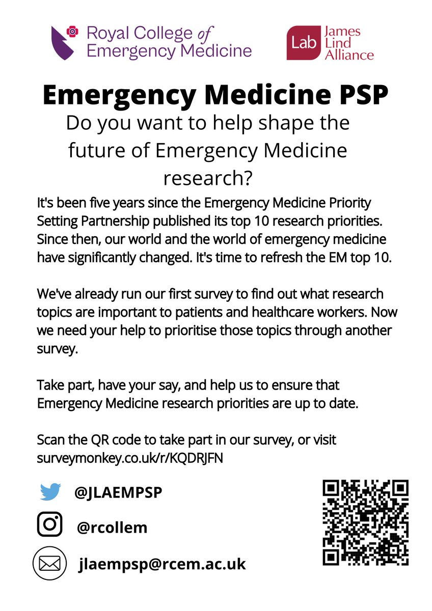Essential surveying for all those in Emergency Medicine. Get involved if you want the next rounds of national research funding to represent your priorities and those of the patients you care for. surveymonkey.co.uk/r/KQDRJFN