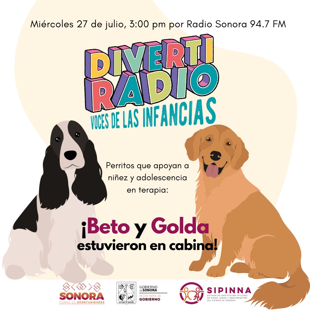 SipinnaSonora's tweet photo. ¿Conoces a Beto y Golda🐾? Son perros entrenados para acompañar a infancias y adolescencias en terapias. Nos visitaron en #DivertiRadio 10, acompañados de sus humanos: profesionales de Etograma y Camiso.

🐶Mi��rcoles 27 de julio, 3:00 pm, por @Radio_SonoraFM https://t.co/U1F2FjCIW8