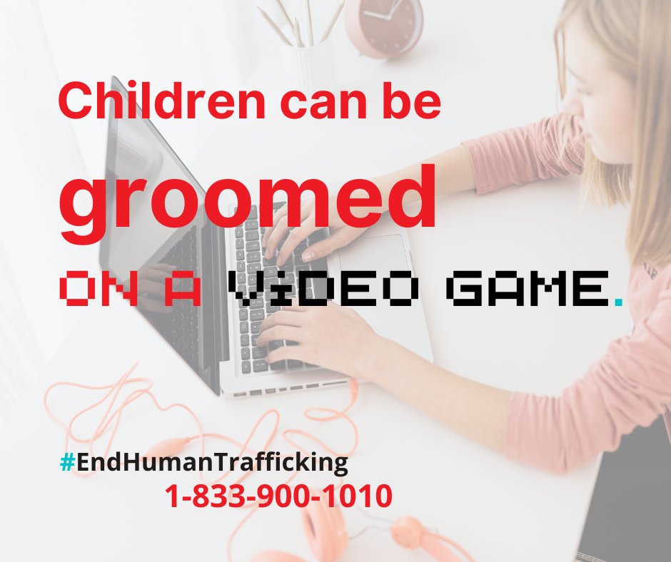 ⚠️ #Traffickers exploit the anonymity of screen names in #online #games and the trusting nature of children to groom and sexually exploit them. Keep an eye on your child’s online gaming activities to #EndHumanTrafficking.