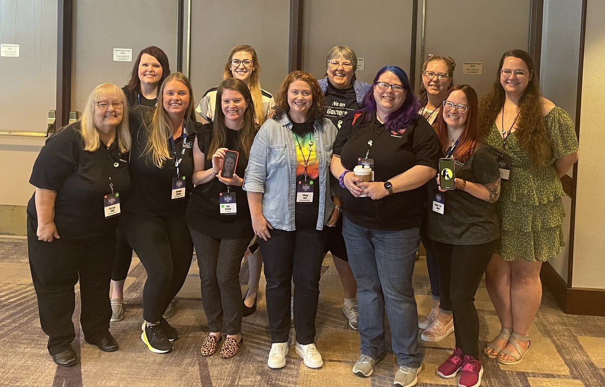 Here are a bunch of amazing women in esports! This is our one year anniversary Of  “Women of <a href="/NACEsports/">NACE</a>”, present and far away (we put their faces on the phones). They are such an incredible group of supporters and mentors! #womeninesports #esports #nace22