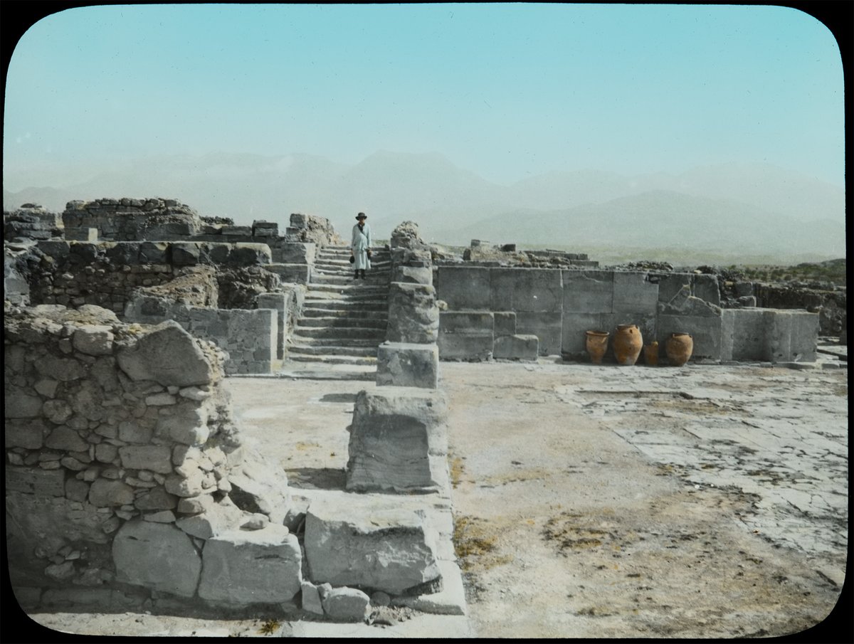 Ju_Gearhart's tweet photo. Wow, people like #lanternslides of anonymous, lone, figures at ancient sites? This is "Phaestus [#Phaistos], northeast corner of central court with stair" no date, no name. #archaeology #archives https://t.co/d4RfWaSIjA