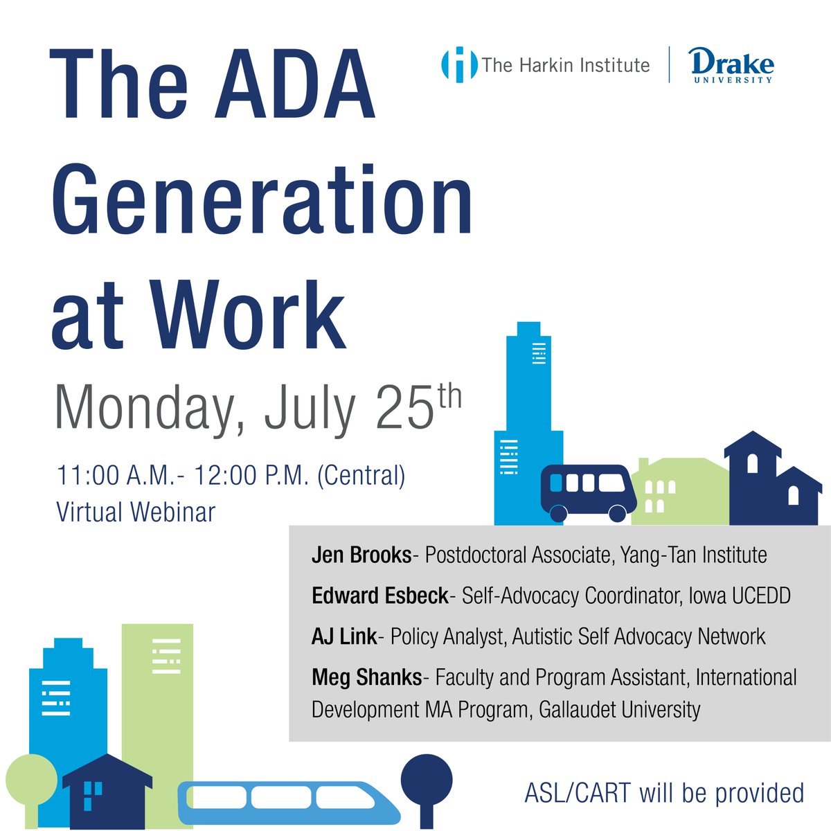 HarkinAtDrake's tweet image. Join us in celebrating the upcoming anniversary of the signing of the Americans with Disabilities Act by attending our panel The ADA Generation at Work on Monday, July 25th! #ADA32 #ThanksToTheADA #ADAGeneration

Zoom link and more info on our website: harkininstitute.drake.edu/2022/07/19/jul…