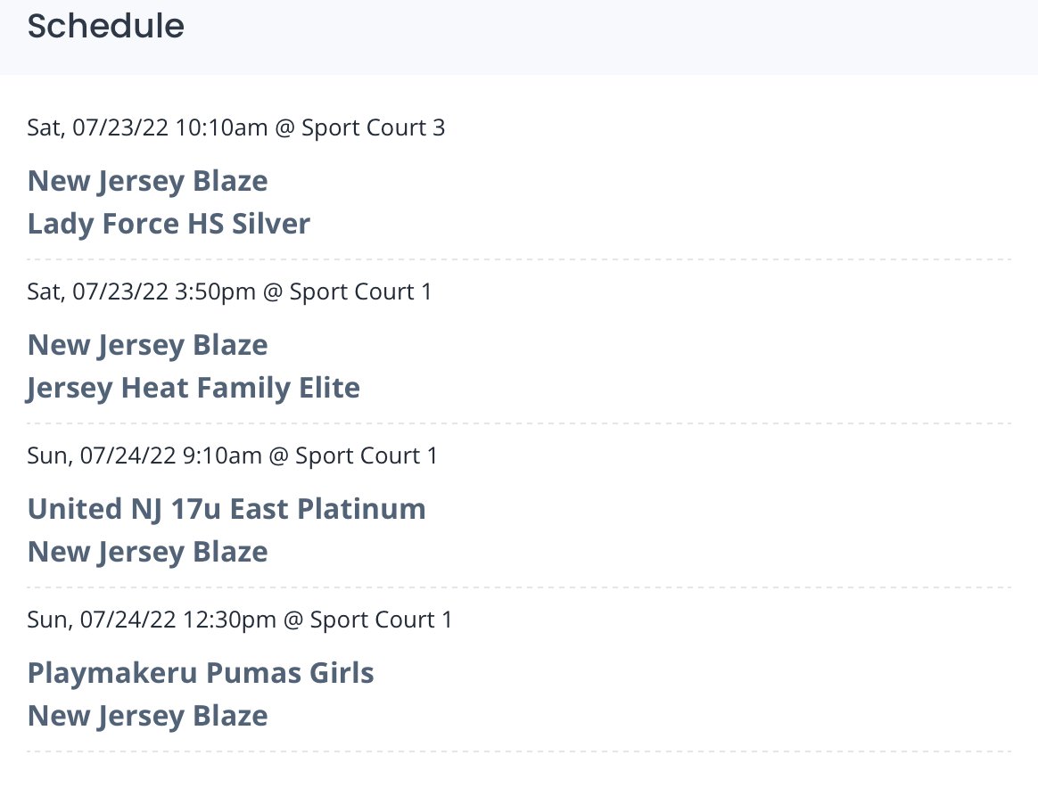 New Jersey Blaze (@newjerseyblaze) on Twitter photo College coaches, check out our New Jersey Blaze U17 schedule for the big Hoop Group 2022 Jersey Shore Live tournament at Sportika in Manalapan this weekend. All the top AAU teams will be there
<a href="/darren_westley/">Darren Westley</a> <a href="/WHGirlsHoops/">Streaks Girls Hoops</a> <a href="/HHSLadyTigers/">Lady Tiger Hoops</a> College coaches, check out our New Jersey Blaze U17 schedule for the big Hoop Group 2022 Jersey Shore Live tournament at Sportika in Manalapan this weekend. All the top AAU teams will be there
<a href="/darren_westley/">Darren Westley</a> <a href="/WHGirlsHoops/">Streaks Girls Hoops</a> <a href="/HHSLadyTigers/">Lady Tiger Hoops</a>