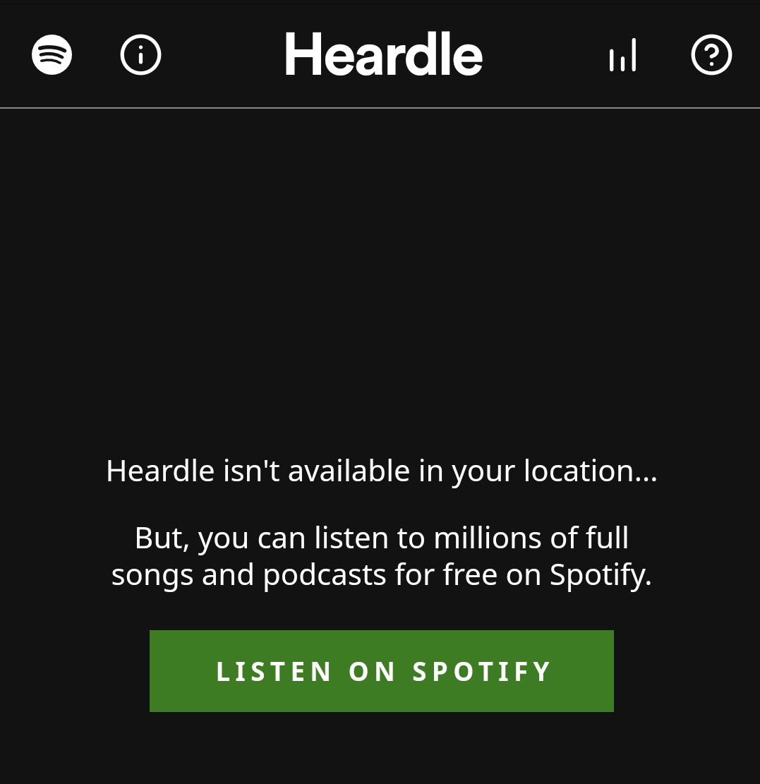thiscrs's tweet photo. Hi @Spotify @SpotifyUK do you want to explain this #heardle? You continue to take a brilliant, fun game and make it utterly unplayable, now literally.
#saveHeardle #wtf #youhadonejob #whataboutmystreak #disappointing https://t.co/mISApZ35B1