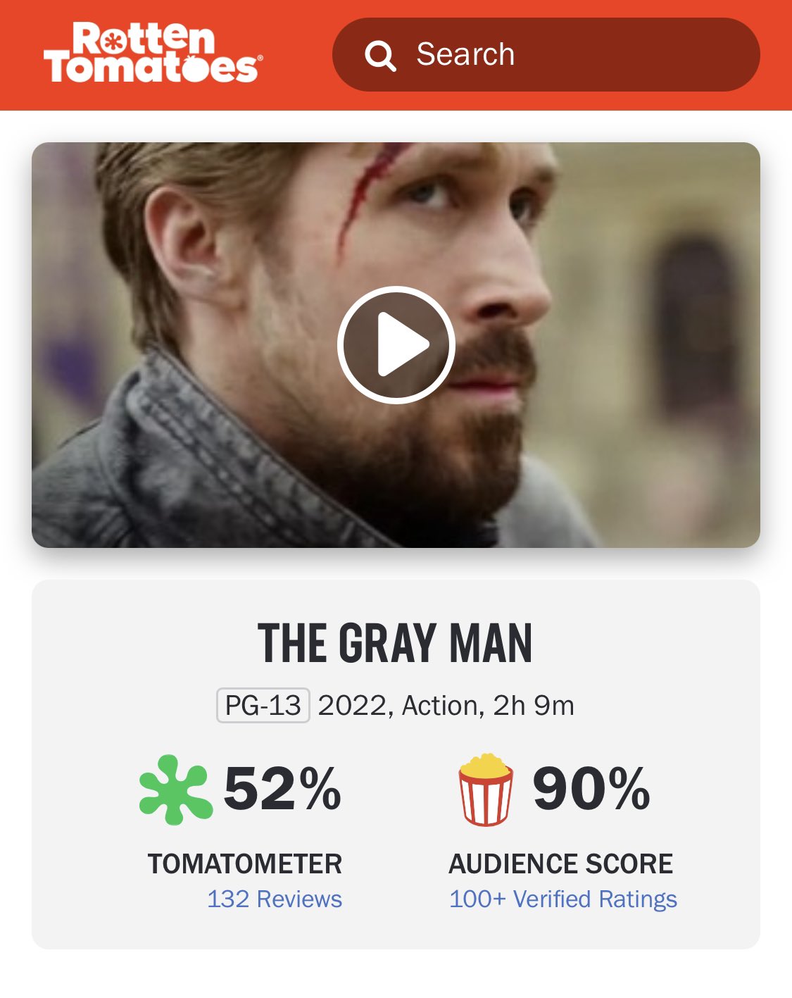 DiscussingFilm on X: #TheGrayMan currently has 52% on Rotten Tomatoes with  132 reviews. Read our 1/2 review:    / X