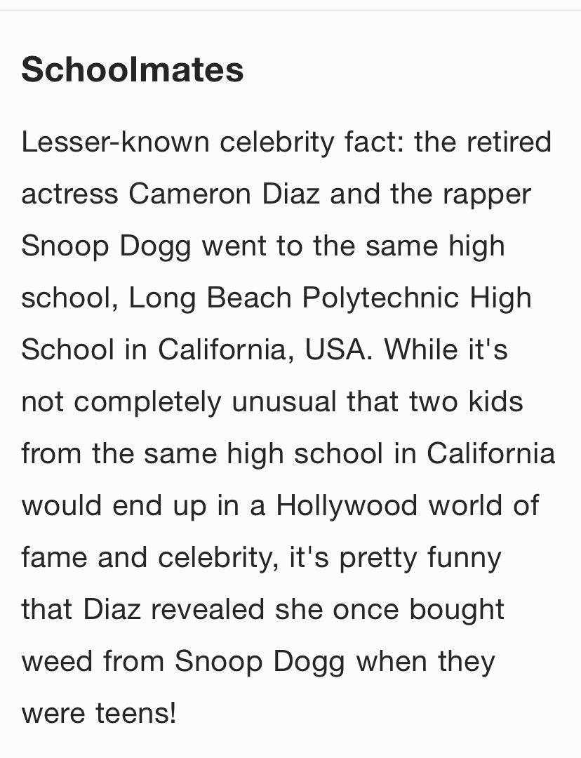 Cameron Diaz and the rapper Snoop Dogg went to the same high school, Long Beach Polytechnic High School in California, USA. https://t.co/5v3UcJHWnr