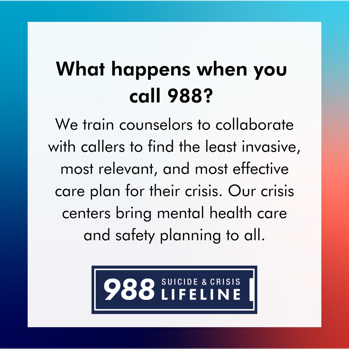 What happens when you call 988? We train counselors to collaborate with callers to find the least invasive, most relevant, and most effective care plan for their #crisis. Our crisis centers bring #mentalhealth care and safety planning to all. #988Lifeline