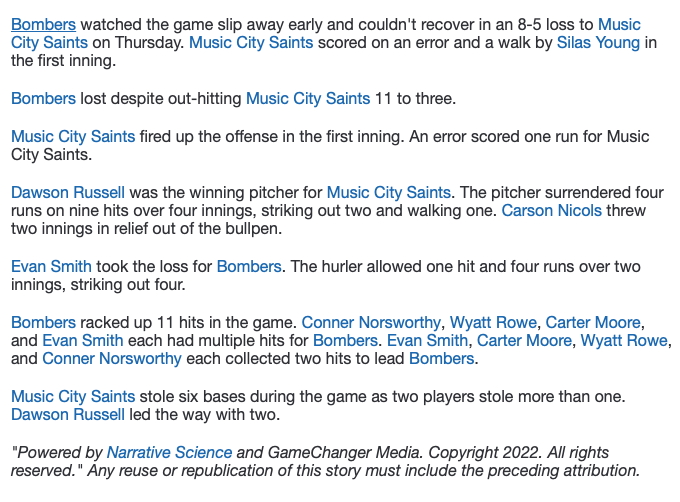 PrimetimeKYHQ's tweet photo. #14uBluegrassBattle - Music City Saints over Bombers 8-5.  Bomber's bang out 11 hits, Norsworthy, Rowe Smith and Moore with 2ea.  Saints' Dawson Russell 1-3 2RS 2RBI, Andrew Walker 0-0 3RS 3BB HBP and Tommy Rogers 1-3 RBI, Carson Nicols 1-4 RS. https://t.co/PeXCGCfyE3