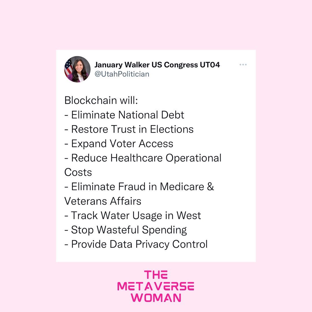 Metaverse_Woman's tweet photo. Meet @UtahPolitician : Pro-Blockchain Congress Candidate.  
  
Do you think blockchain technology could transform our government positively? Comment below🤔   
  
#TheMetaverseWoman https://t.co/u4OoYjaRqi