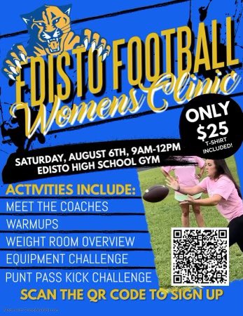 Calling all mothers, grandmothers, daughters, aunts, current and former female athletes and students!!!

Come out and support Edisto High's Football team at their 2nd Annual Women's Clinic - Join us for a great time!!!
#CougarStrong

Sign up Here
tinyurl.com/5n7cykt8