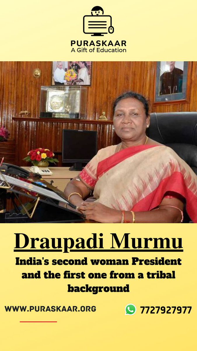 PuraskaarNGO's tweet photo. Draupadi Murmu scripts history, becomes first tribal President of India

#india #president #puraskaar #elections2022
@rashtrapatibhvn https://t.co/dXjKUjJP5I