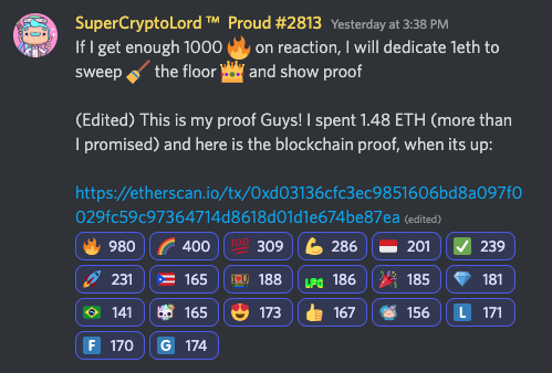 kunovu's tweet photo. @SuperCryptoLord with the big #Beings sweep. And now we have @abronbibly and @zeuxteth about to match once this discord post hits 1k fire!

Now is your time to buy a @Beings_Official #NFT before the sweep! https://t.co/OnmJYomL1K